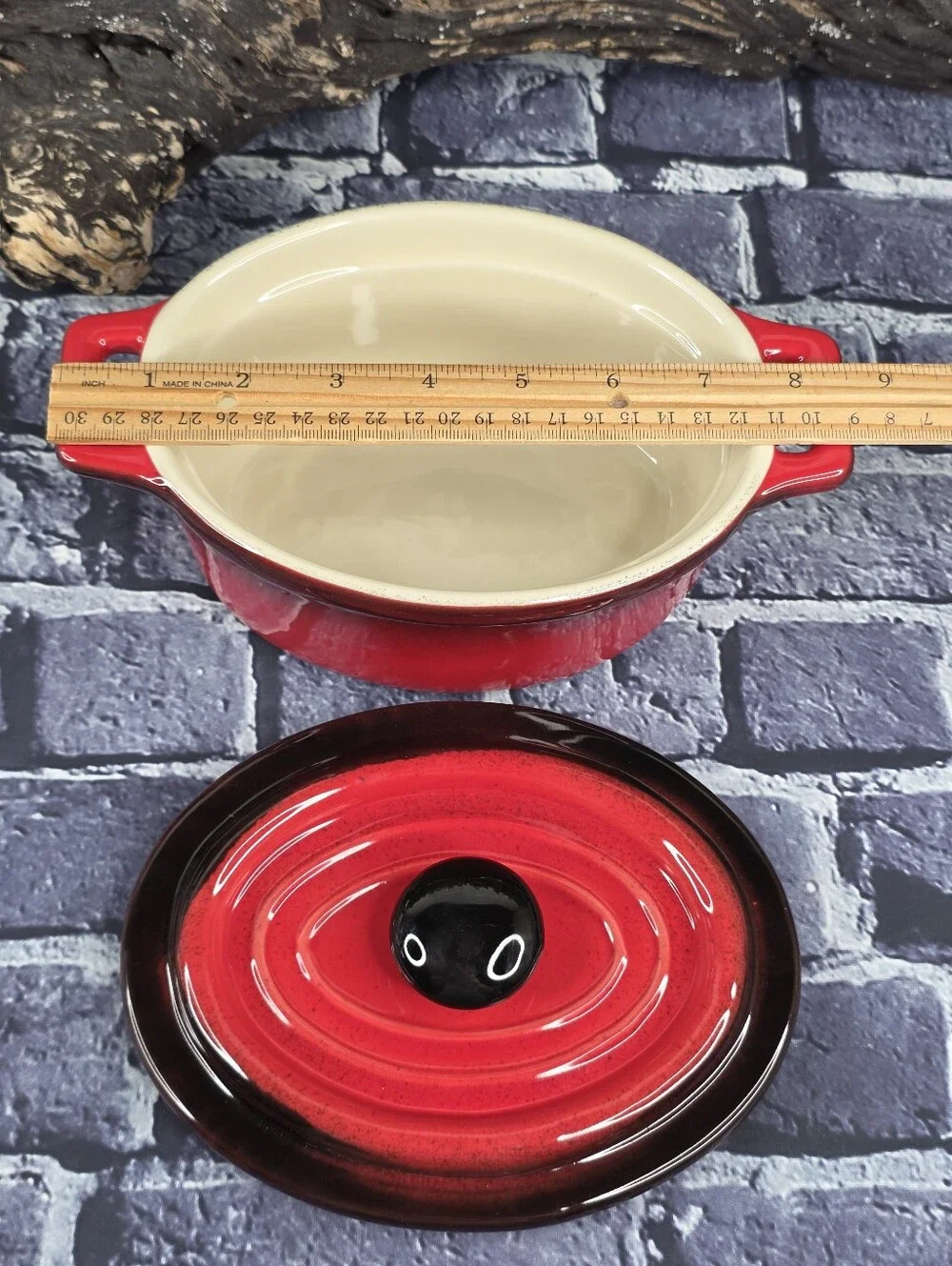 Red & Black Ombre Stoneware Oval Casserole Dish with Lid – Rustic Bakeware
